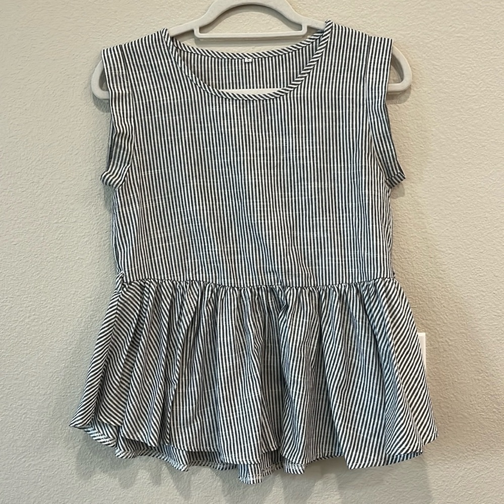 Blue and white stripe peplum top. Size small, could fit medium.